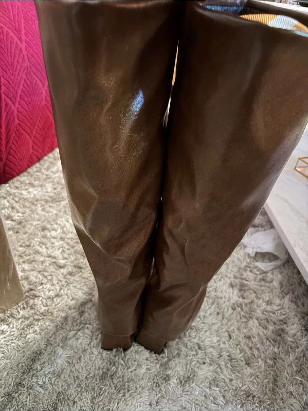 Women's Over-the-Knee Brown Leather Boots with Decorative Gold Accent